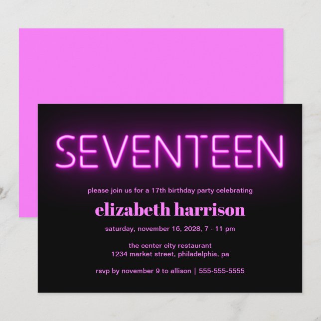 17th Birthday Party Pink Neon Lights Invitation (Front/Back)