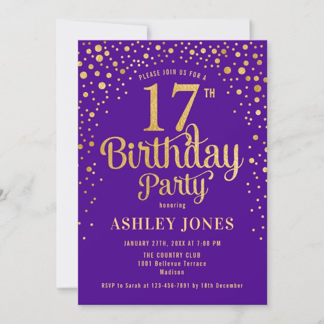 17th Birthday Party - Purple & Gold Invitation (Front)