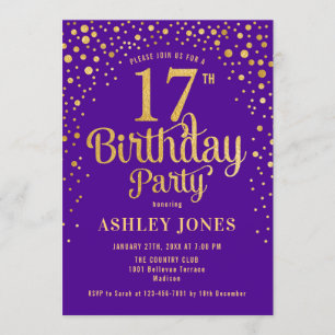 17th Birthday Party - Purple & Gold Invitation