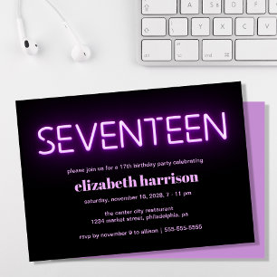 17th Birthday Party Purple Neon Lights Invitation
