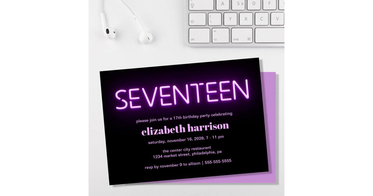 17th Birthday Party Purple Neon Lights Invitation | Zazzle