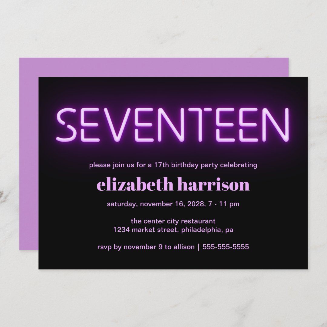 17th Birthday Party Purple Neon Lights Invitation | Zazzle