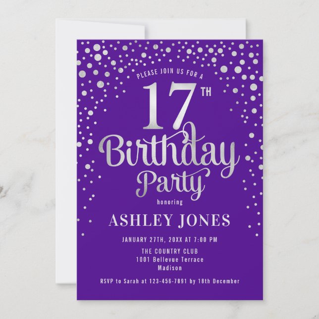 17th Birthday Party - Purple & Silver Invitation (Front)