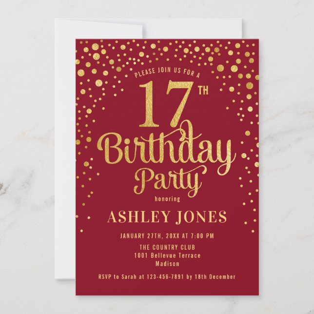 17th Birthday Party - Red & Gold Invitation (Front)