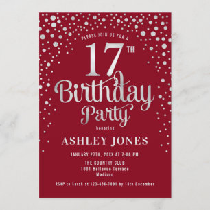 17th Birthday Party - Red & Silver Invitation
