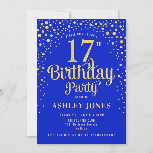 17th Birthday Party - Royal Blue & Gold Invitation (Front)