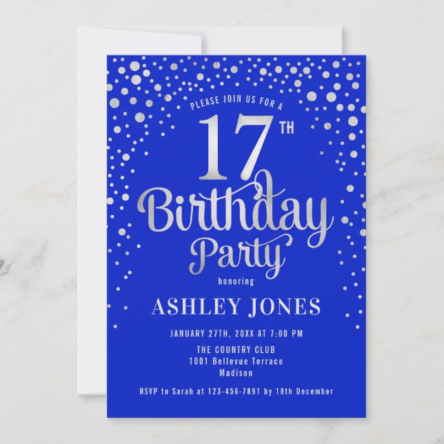 17th Birthday Party - Royal Blue & Silver Invitation (Front)