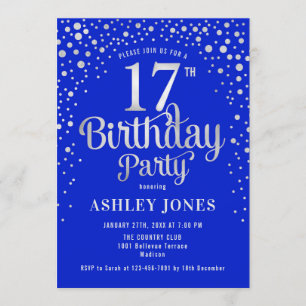 17th Birthday Party - Royal Blue & Silver Invitation