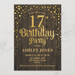17th Birthday Party - Rustic Wood & Gold Invitation