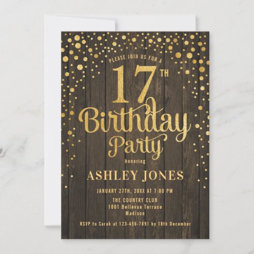 17th Birthday Party _ Rustic Wood  Gold Invitation