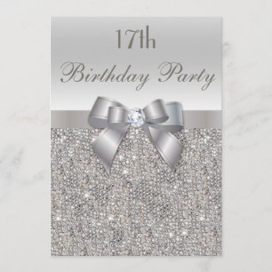 17th Birthday Party Silver Sequins, Bow & Diamond Invitation