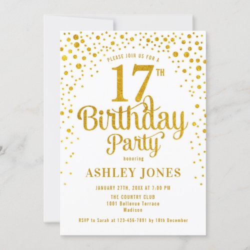 17th Birthday Party _ White  Gold Invitation