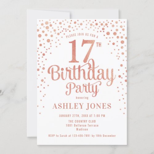 17th Birthday Party _ White  Rose Gold Invitation