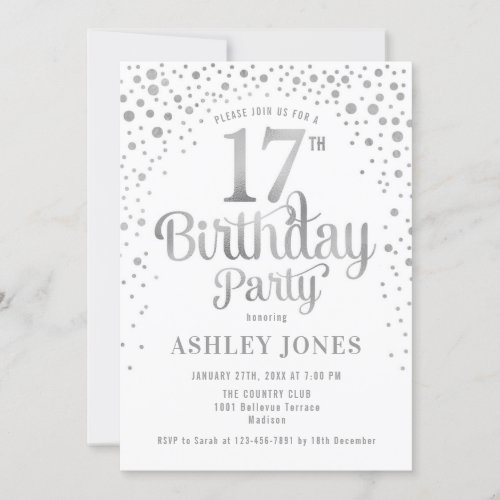 17th Birthday Party _ White  Silver Invitation