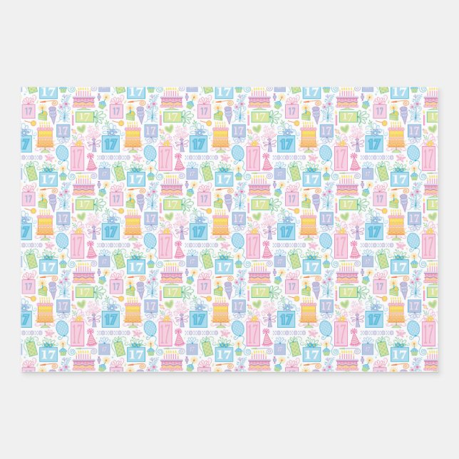 17th Birthday Pastel Pink Cake Presents Balloons Wrapping Paper Sheets (Front)