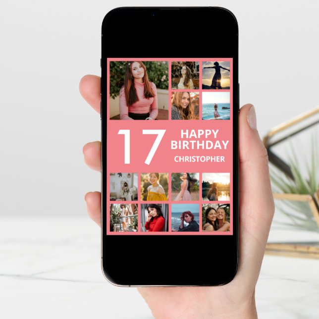 17th Birthday Photo Collage 13 Photos Pink & White Card (Front Digital)