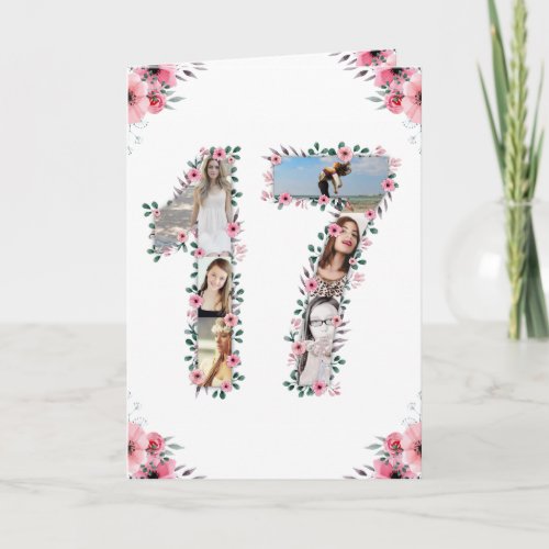 17th Birthday Photo Collage Girl Pink Flower White Card