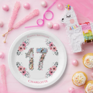 17th Birthday Photo Collage Girl Pink Flower White Paper Plates