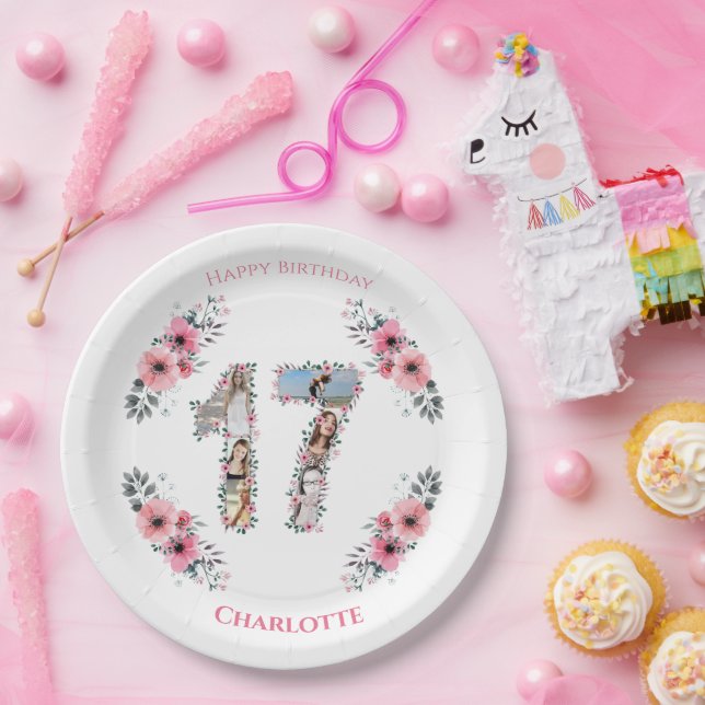 17th Birthday Photo Collage Girl Pink Flower White Paper Plates (Party)