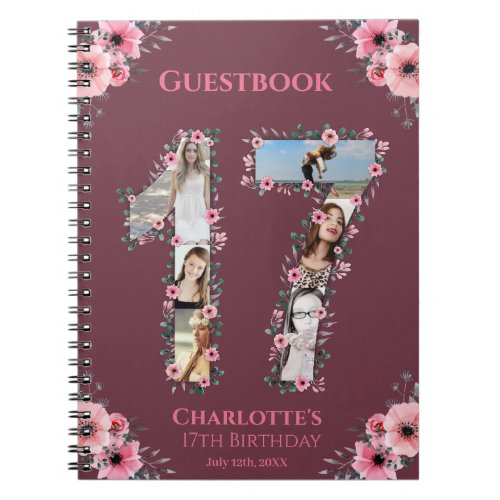 17th Birthday Photo Collage Pink Flower Guest Book