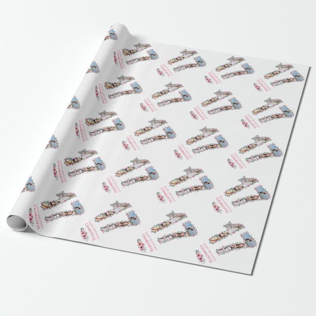 17th Birthday Photo Girl Collage Pink Flower White Wrapping Paper (Unrolled)