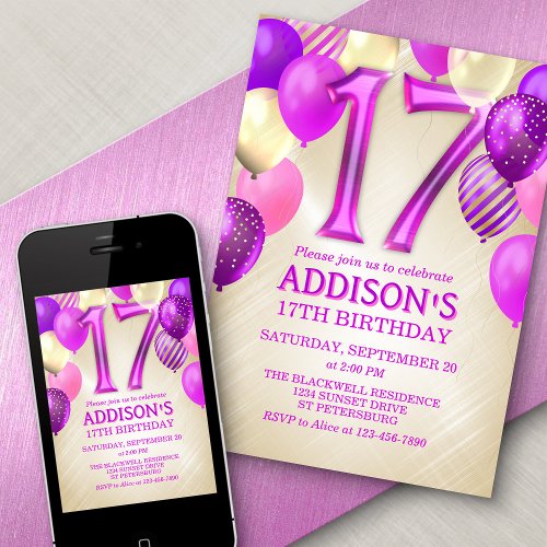 17th Birthday Pink Balloons Invitation
