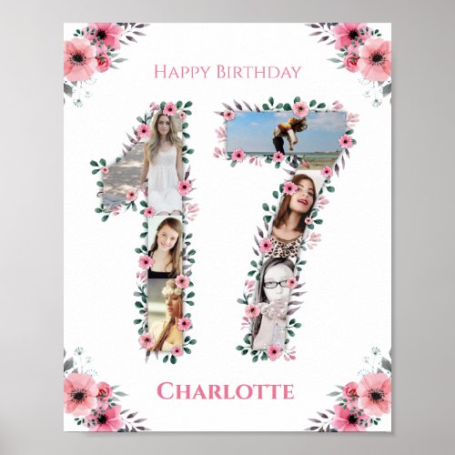 17th Birthday Pink Flower Girl Photo Collage White Poster