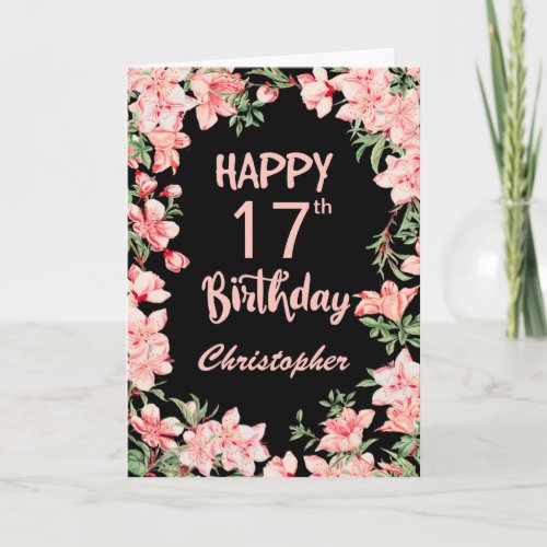 17th Birthday Pink Peach Watercolor Floral Black Card