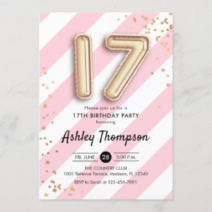 17th Birthday - Pink Stripes and Gold Balloons Invitation