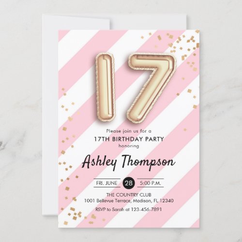 17th Birthday _ Pink Stripes and Gold Balloons Invitation