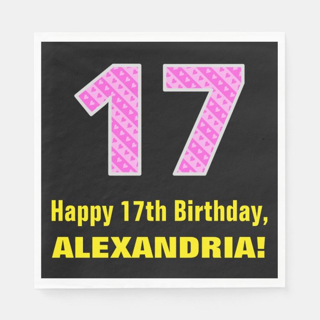 17th Birthday: Pink Stripes and Hearts "17" + Name Napkins (Front)