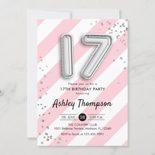 17th Birthday _ Pink Stripes and Silver Balloons Invitation