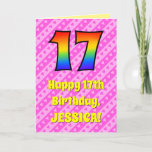 [ Thumbnail: 17th Birthday: Pink Stripes & Hearts, Rainbow # 17 Card ]