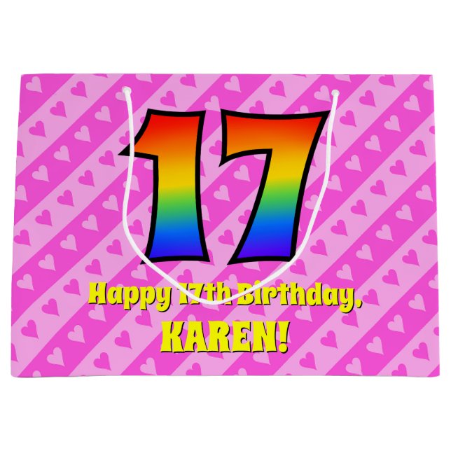 17th Birthday: Pink Stripes & Hearts, Rainbow # 17 Large Gift Bag (Front)