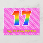 [ Thumbnail: 17th Birthday: Pink Stripes & Hearts, Rainbow 17 Postcard ]