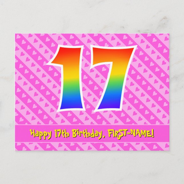 17th Birthday: Pink Stripes & Hearts, Rainbow 17 Postcard (Front)