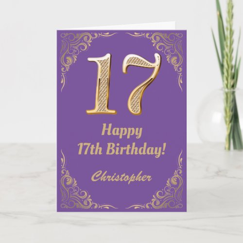 17th Birthday Purple and Gold Glitter Frame Card