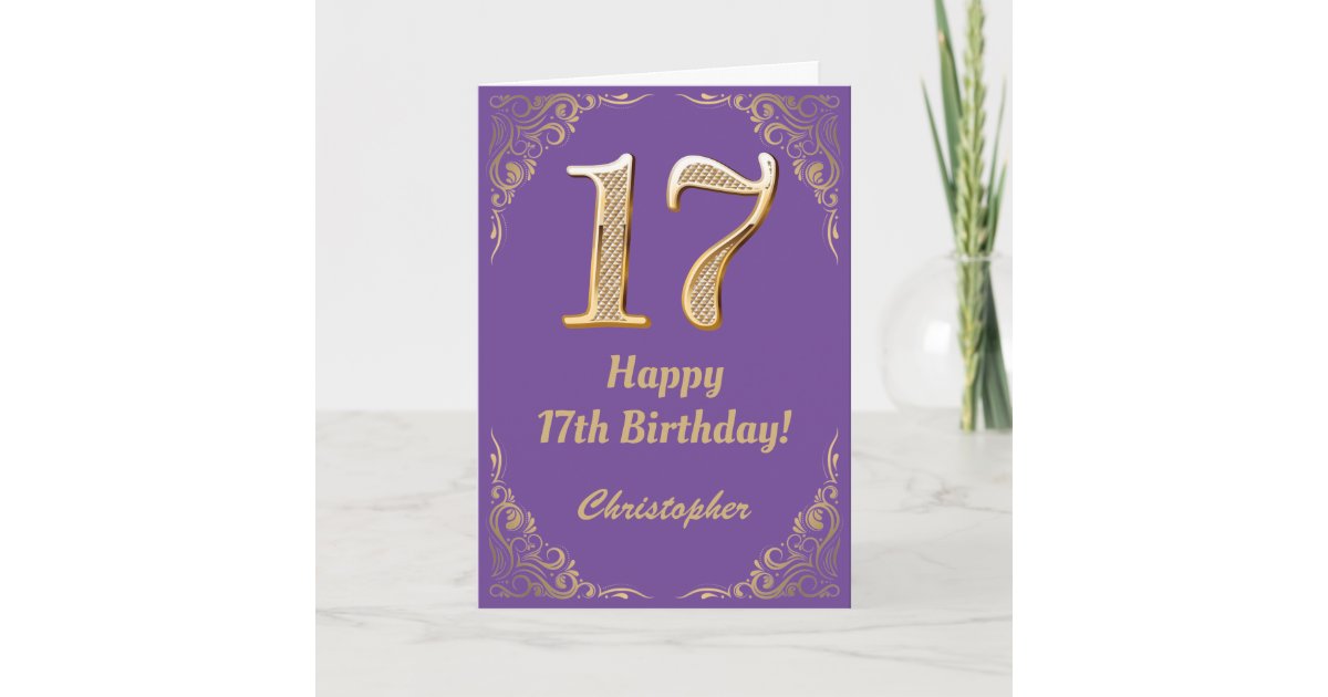 17th Birthday Purple and Gold Glitter Frame Card | Zazzle