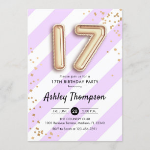 17th Birthday - Purple Stripes and Gold Balloons Invitation