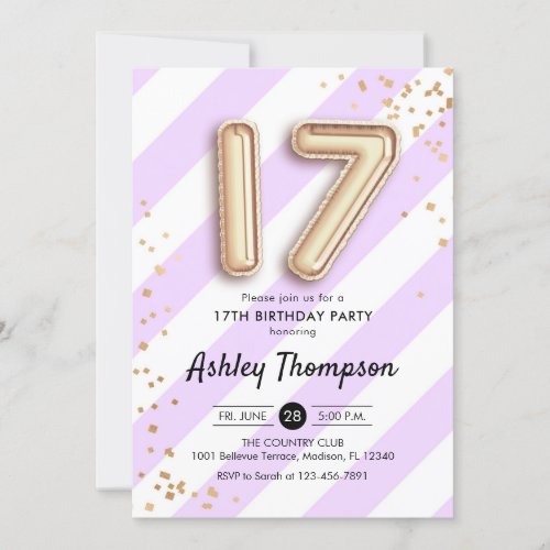 17th Birthday _ Purple Stripes and Gold Balloons Invitation