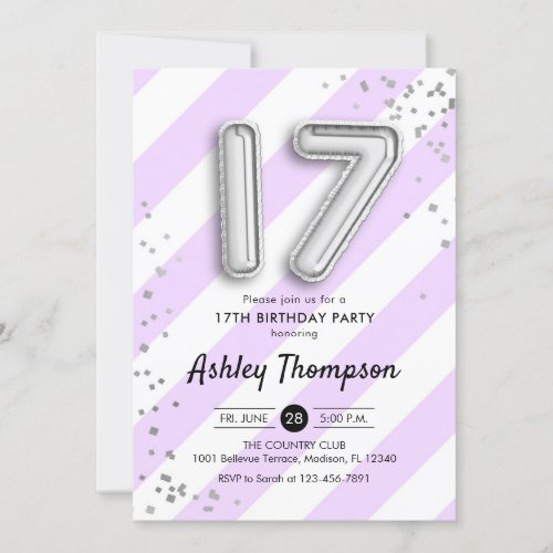 17th Birthday _ Purple Stripes and Silver Balloons Invitation