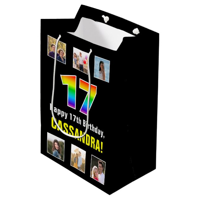 17th Birthday: Rainbow “17“, Custom Photos & Name Medium Gift Bag (Front Angled)