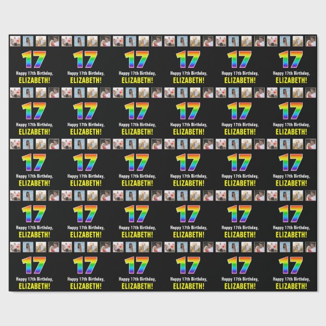 17th Birthday: Rainbow “17“; Custom Photos & Name Wrapping Paper (Seam)