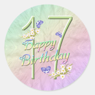 17th Birthday Rainbow and Butterflies Round Sticke Classic Round Sticker