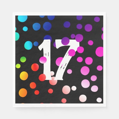 17th Birthday Rainbow Dots on Black   Napkins