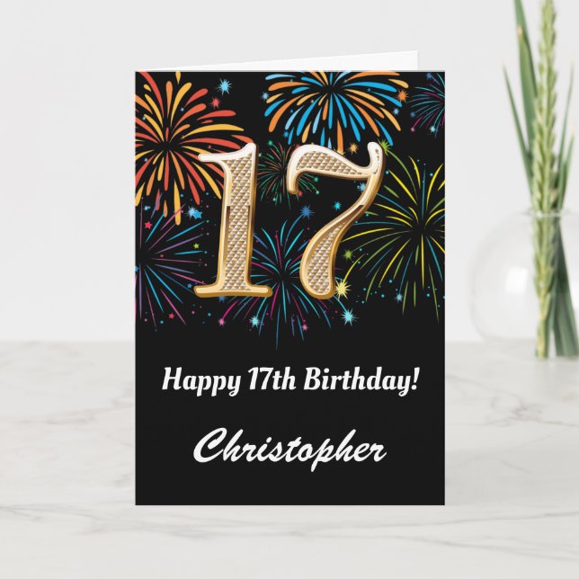 17th Birthday Rainbow Fireworks Black and Gold Card (Front)