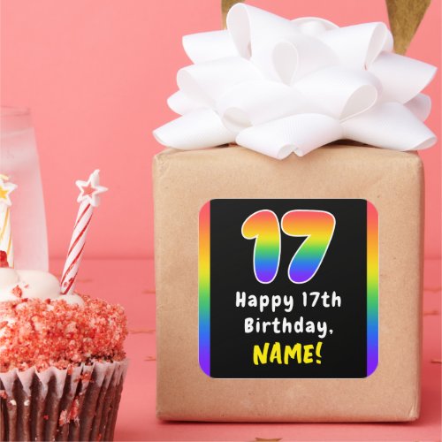 17th Birthday Rainbow Spectrum  17 Custom Name Square Sticker