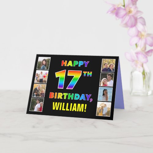 17th Birthday Rainbow Text Custom Photos  Name Card