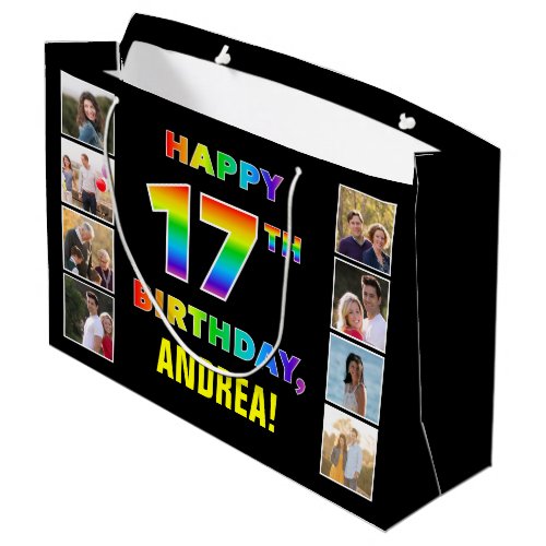 17th Birthday Rainbow Text Custom Photos  Name Large Gift Bag