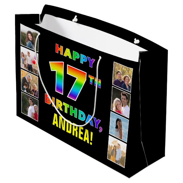17th Birthday: Rainbow Text, Custom Photos & Name Large Gift Bag (Back Angled)